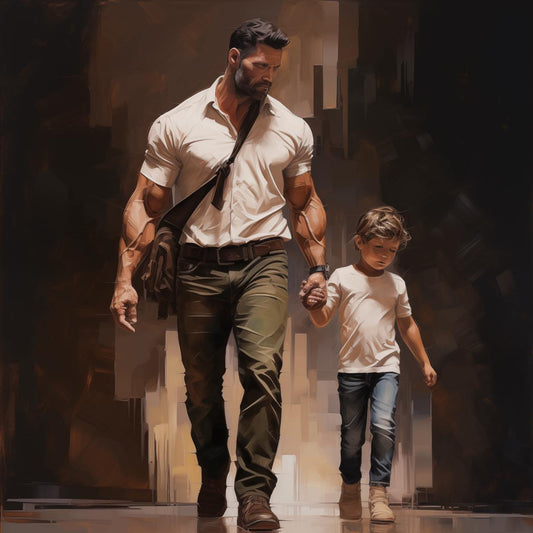 a strong father walking side by side with his son