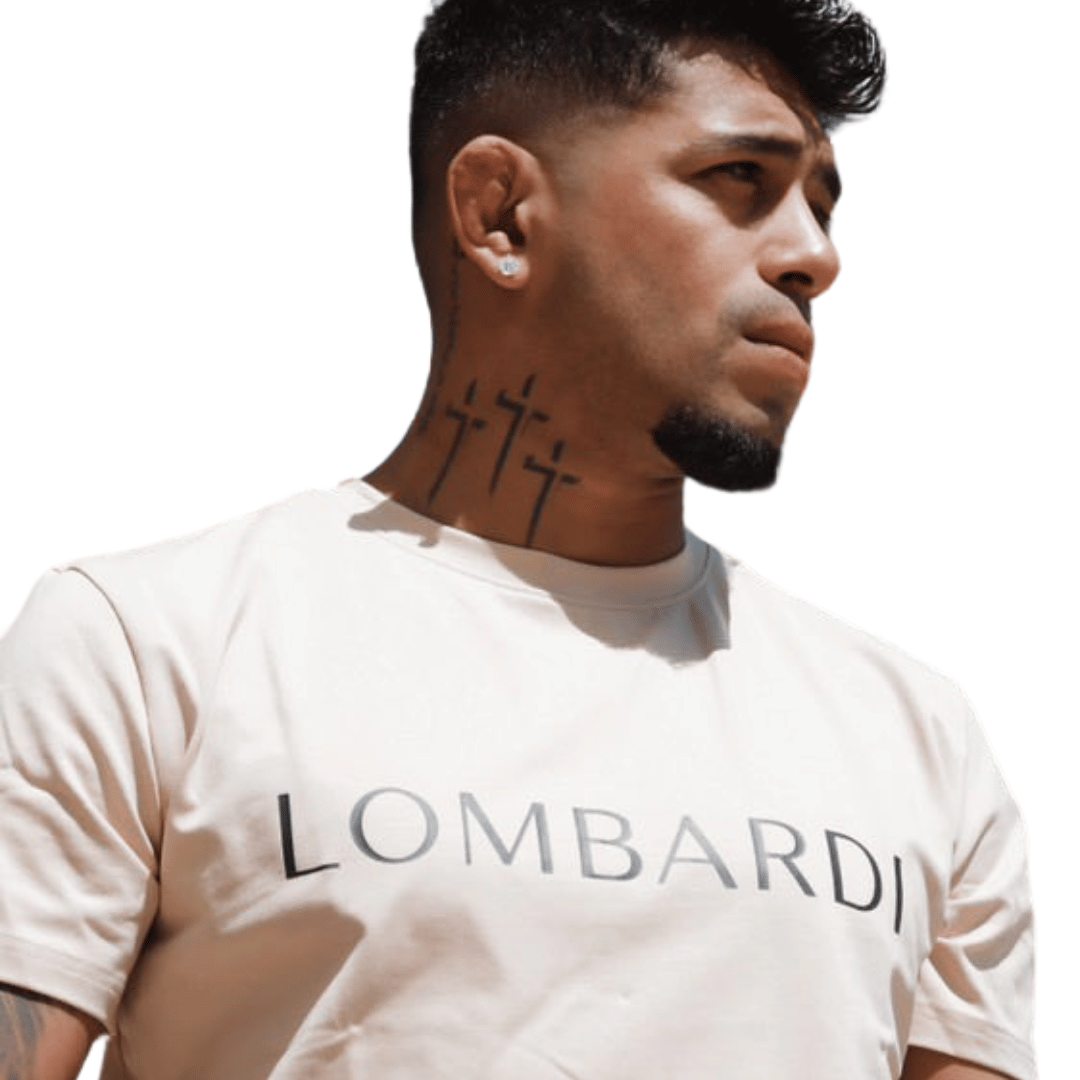 Close up of a man wearing a Kaki premium logo tee