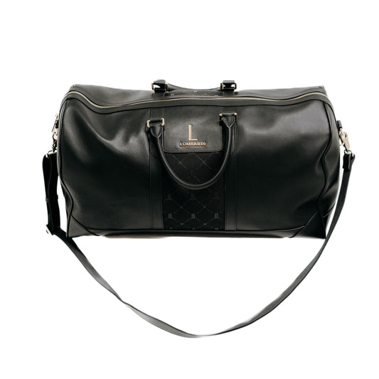 Black Premium leather Duffle bag Front view with logo and pattern