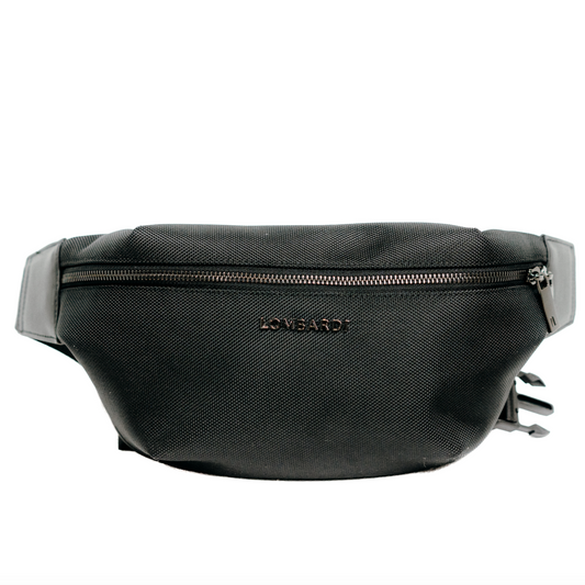 Black sling bag with quality material and solid logo tag across the front