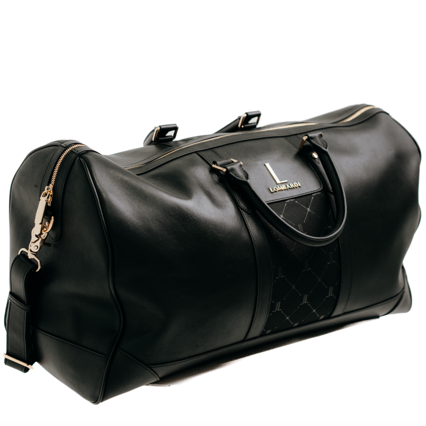 Side view of the premium black leather Deluxe edition duffel bag with gold zip and pattern