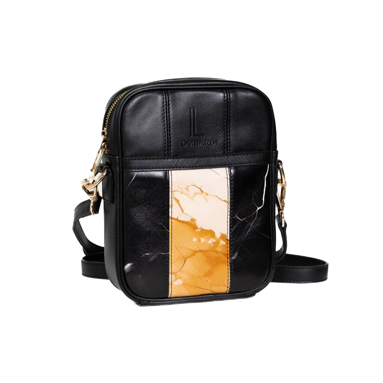 The front of the Black Leather Heritage Edition Luxury Satchel bag with marble pattern and gold zip
