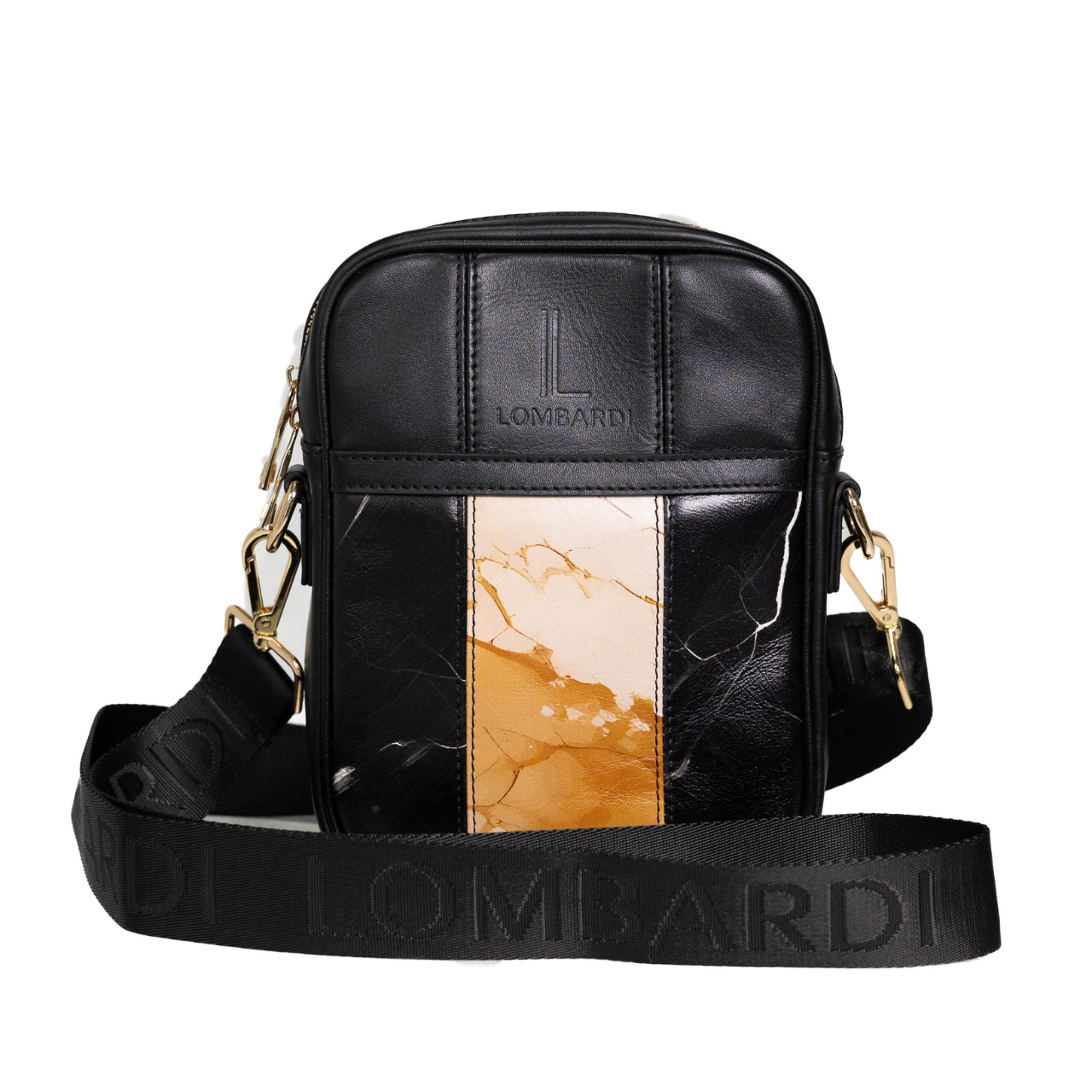 The front view of the Black leather and marble pattern Heritage edition premium Luxury satchel bag