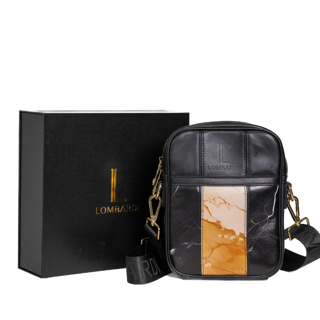 The quality black leather luxury satchel  with marble pattern and the premium packaging box with gold embossed logo